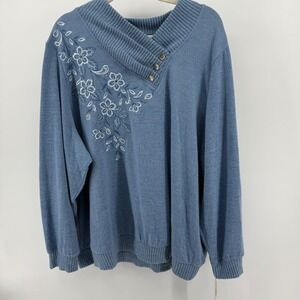 VTG Alfred Dunner Women's 3X Long Sleeve Sweater Blue Floral Embroidered